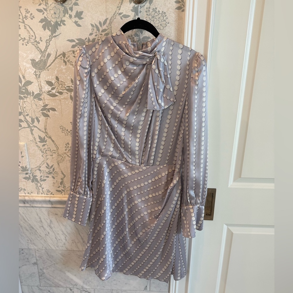 Kate Spade Silk Bow Neck Mini Dress Gray Polka Dot Size 6